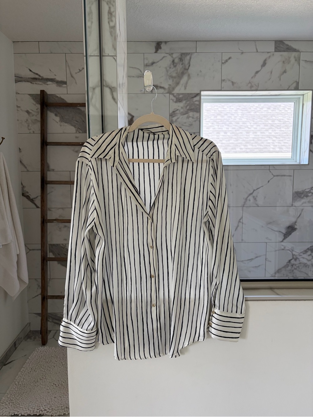 ZARA Satin White Button Down with Black Stripes